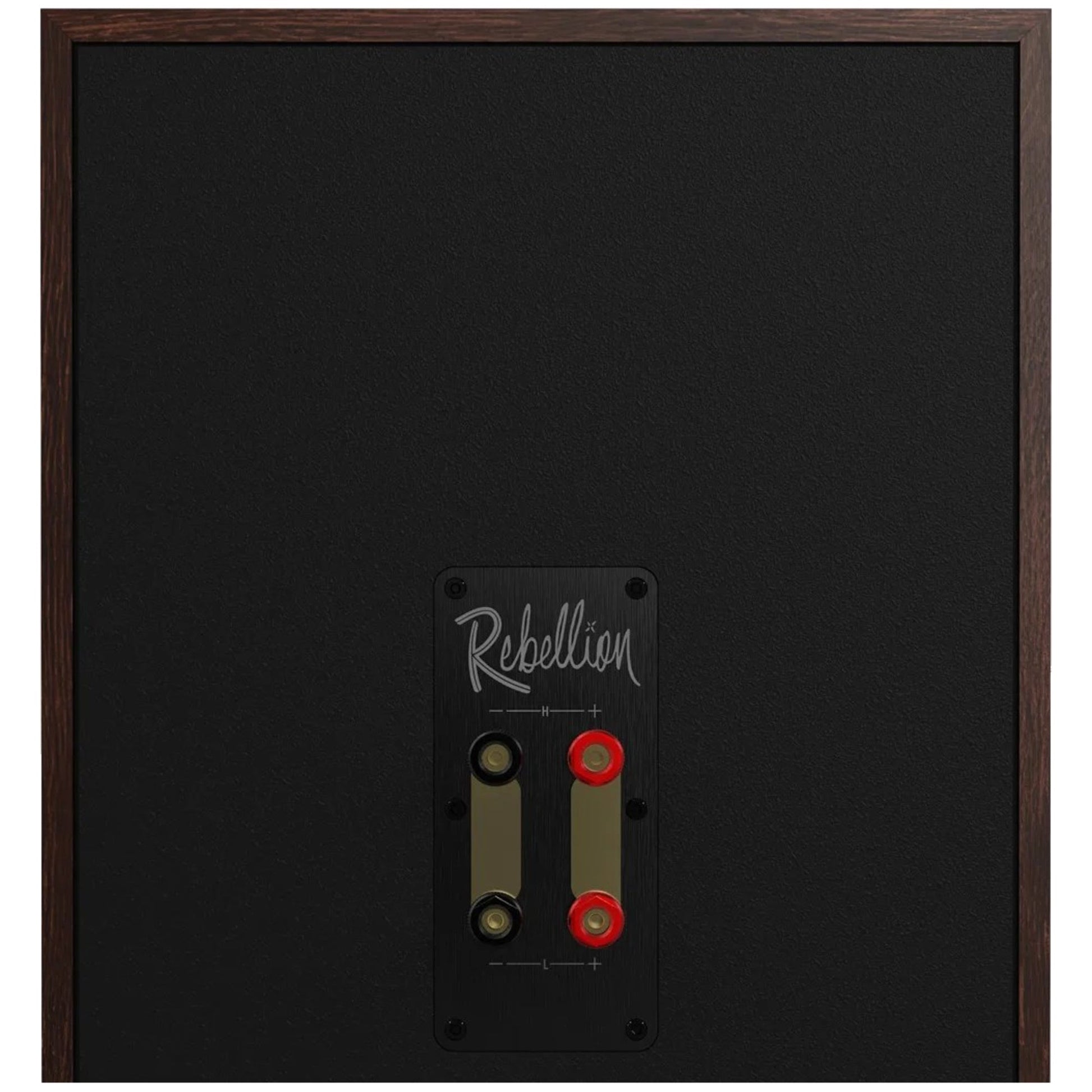 Klipsch Rebellion rear panel with Rebellion nameplate and dual binding posts
