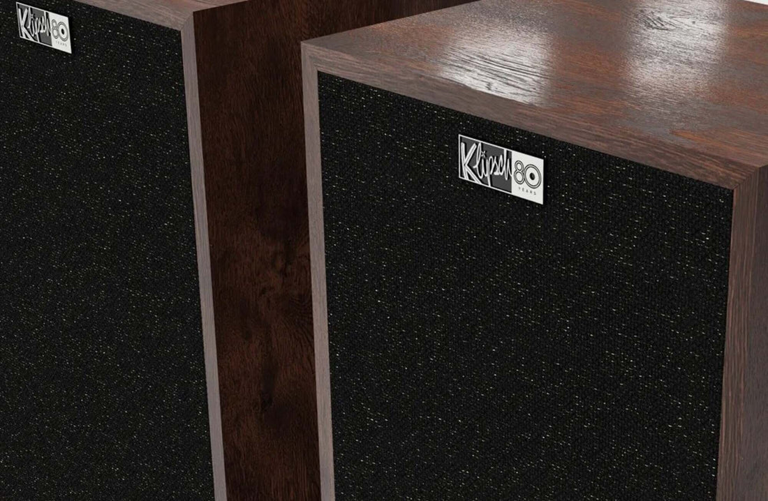 Klipsch Rebellion bookshelf speakers — Heritage Auburn cabinet detail with Klipsch 80 badges
