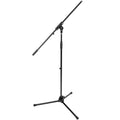 Black K&M 21070 floor microphone stand with adjustable height and sturdy base, designed for professional audio setups.