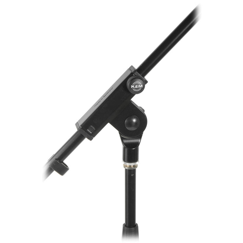 K&M 21070 black floor microphone stand with adjustable height and sturdy base for professional audio setups.