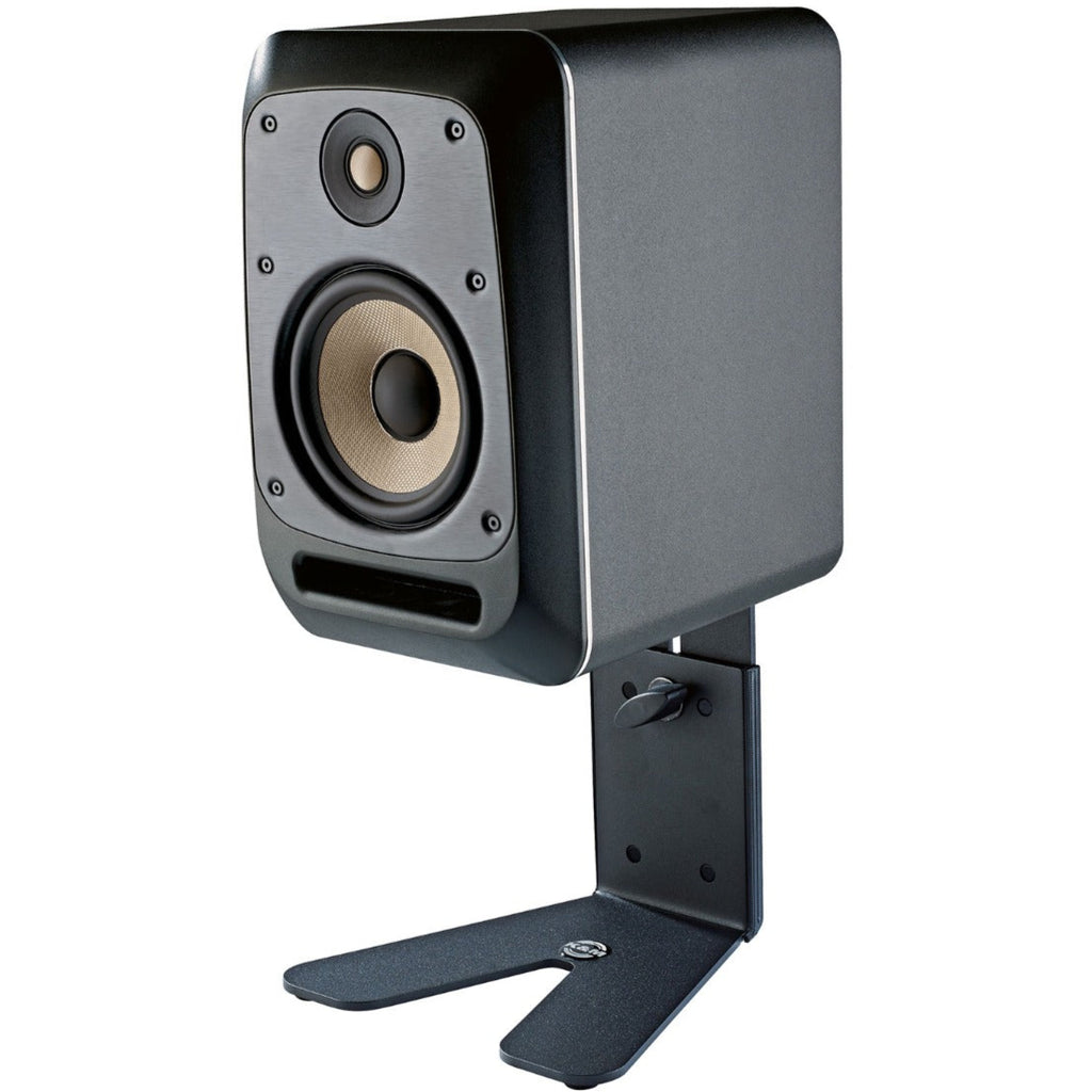 K&M 26772 Studio Monitor Stands set of two with adjustable height and sturdy construction for audio monitoring setup.