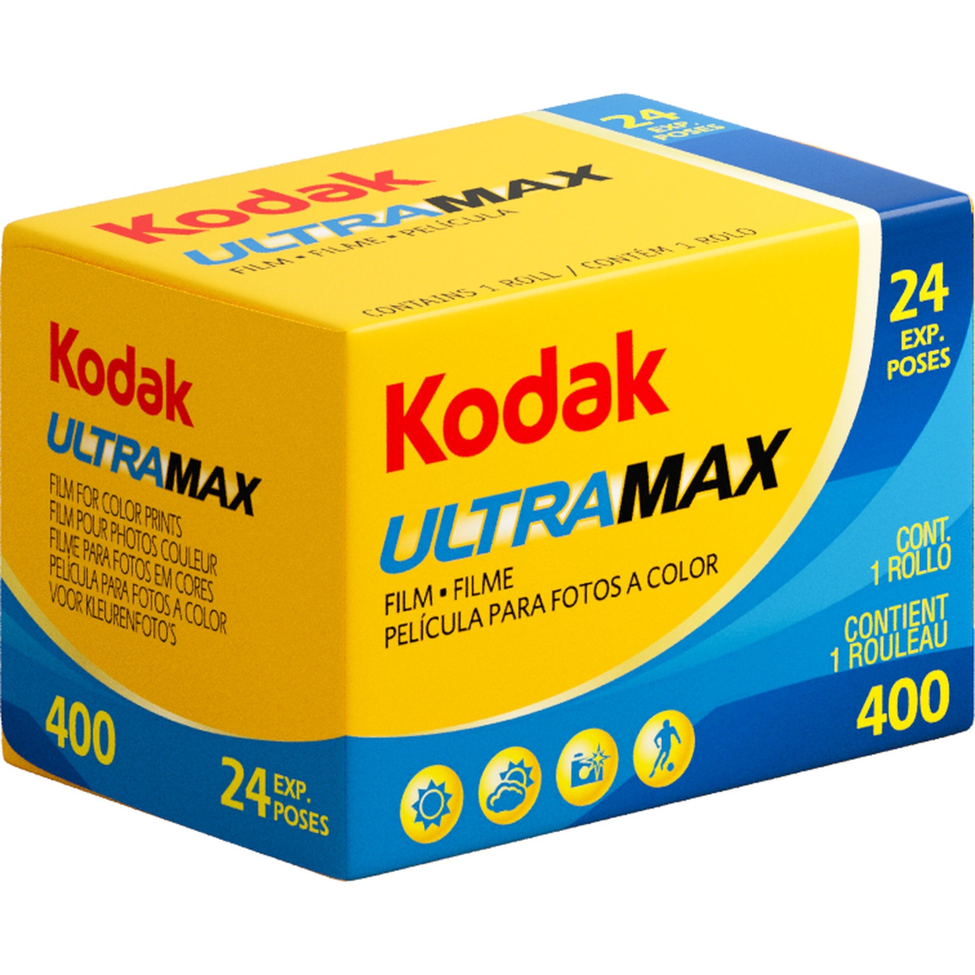 Kodak 135 Ultramax 400 film roll showing the packaging and label for 35mm color film by Kodak.