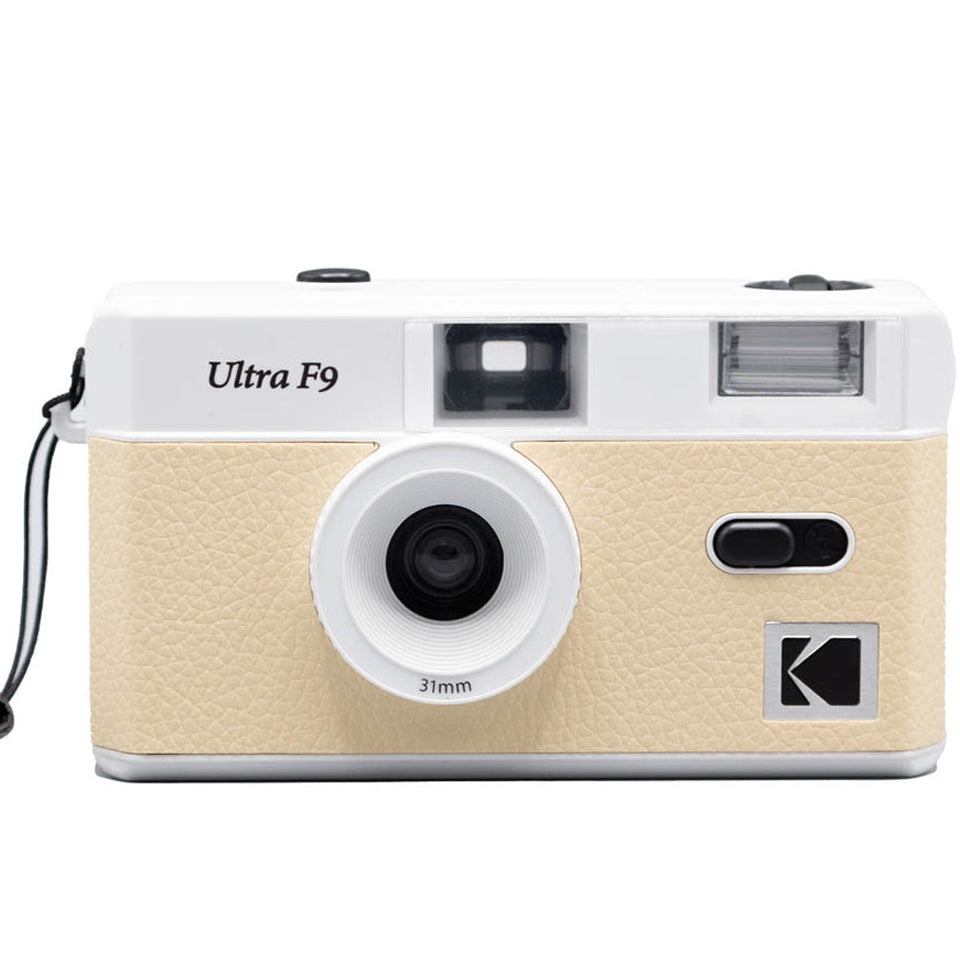 Kodak Ultra F9 beige reusable instant camera with compact design and manual controls, ideal for casual photography.