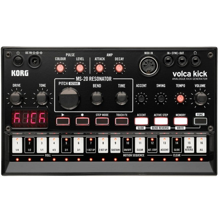 Korg Volca Kick drum machine with knobs and interface, compact analog bass drum and percussion synthesizer in black.