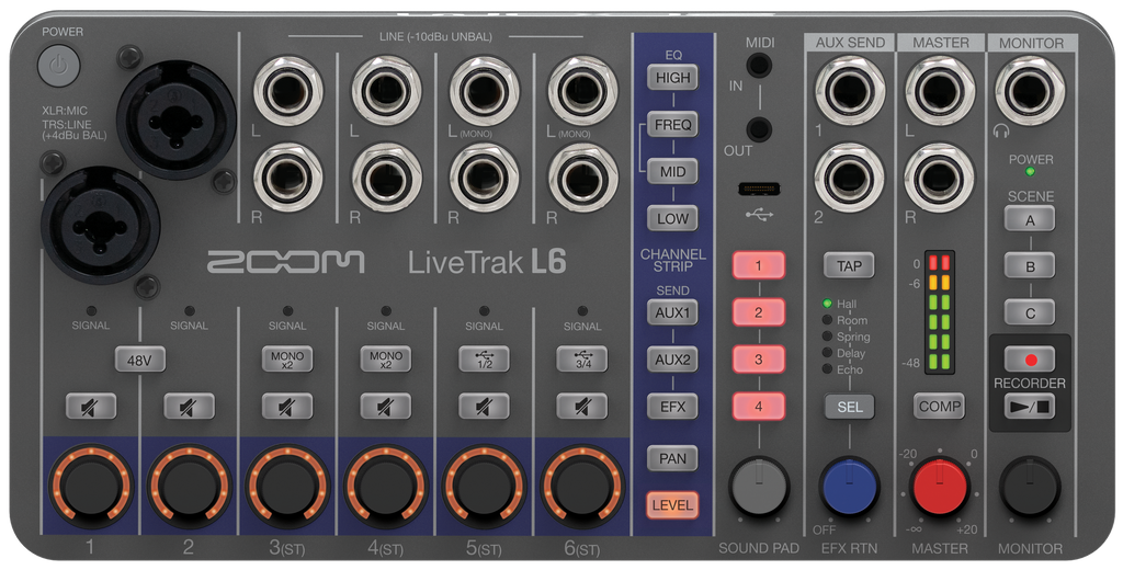 Zoom LiveTrak L-6 digital mixer with multiple input channels, knobs, and digital display for professional audio mixing.