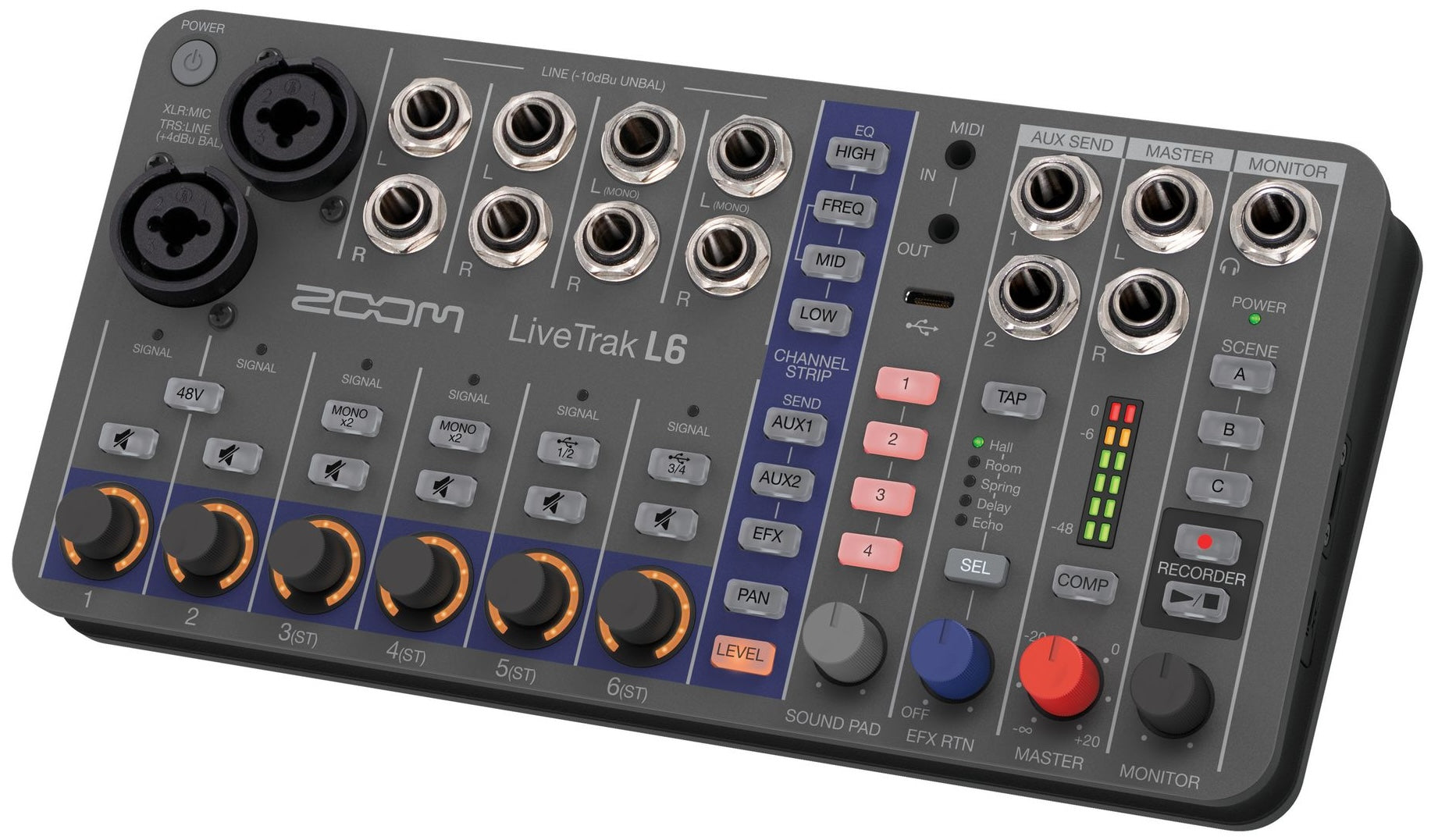 Zoom LiveTrak L-6 digital mixer with multiple input channels, faders, and control knobs, used for professional audio mixing.