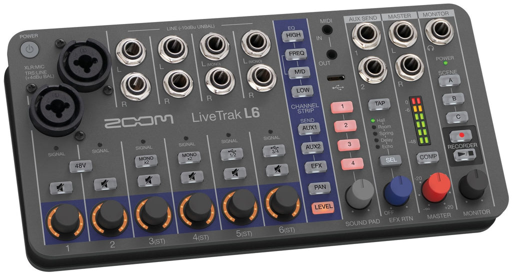 Zoom LiveTrak L-6 digital mixer with multiple input channels and control knobs, shown on a workspace.