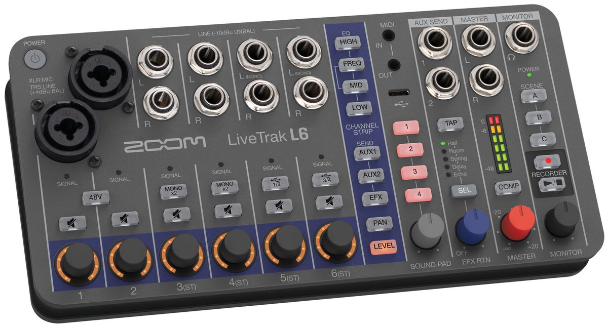 Zoom LiveTrak L-6 digital mixer with multiple input channels and control knobs, shown on a workspace.