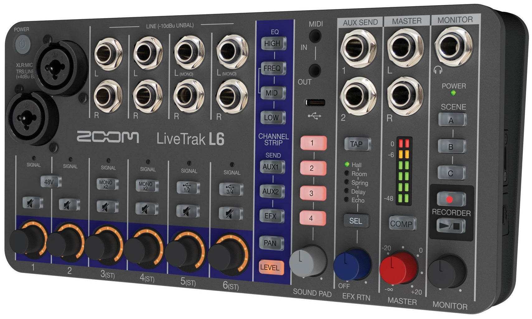 Zoom LiveTrak L-6 digital mixer with multiple input channels, control knobs, and built-in display for professional audio mixing.