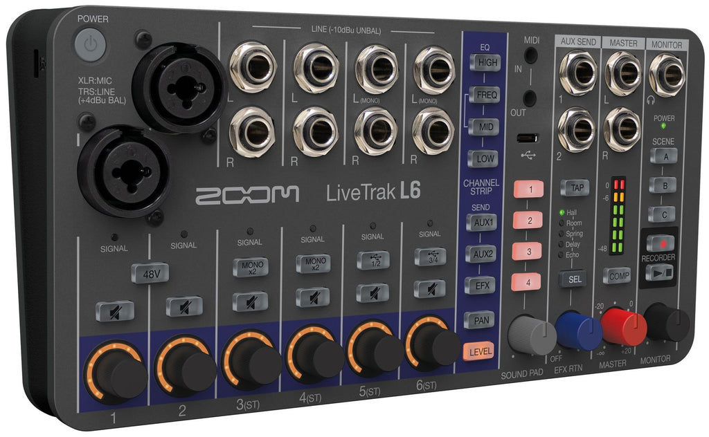 Zoom LiveTrak L-6 digital mixer with multiple input channels, knobs, and faders for professional audio mixing.