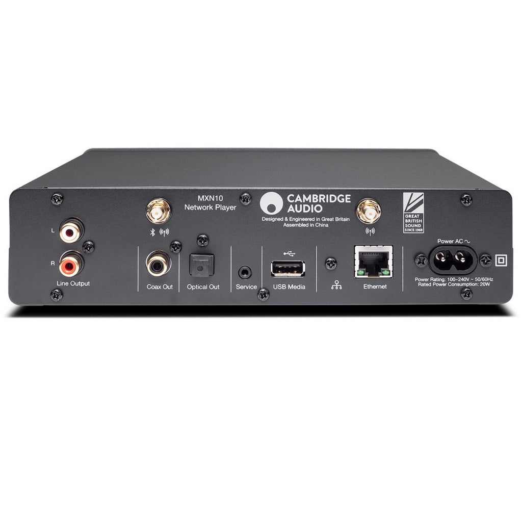 Cambridge Audio MXN10 music streamer displaying front panel with digital display and control buttons.