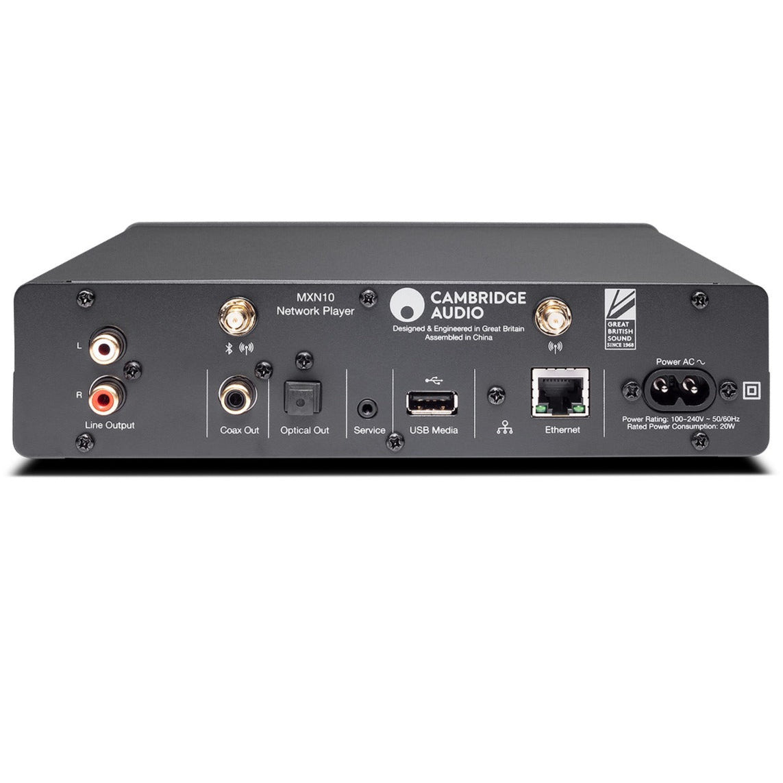 Cambridge Audio MXN10 music streamer displaying front panel with digital display and control buttons.