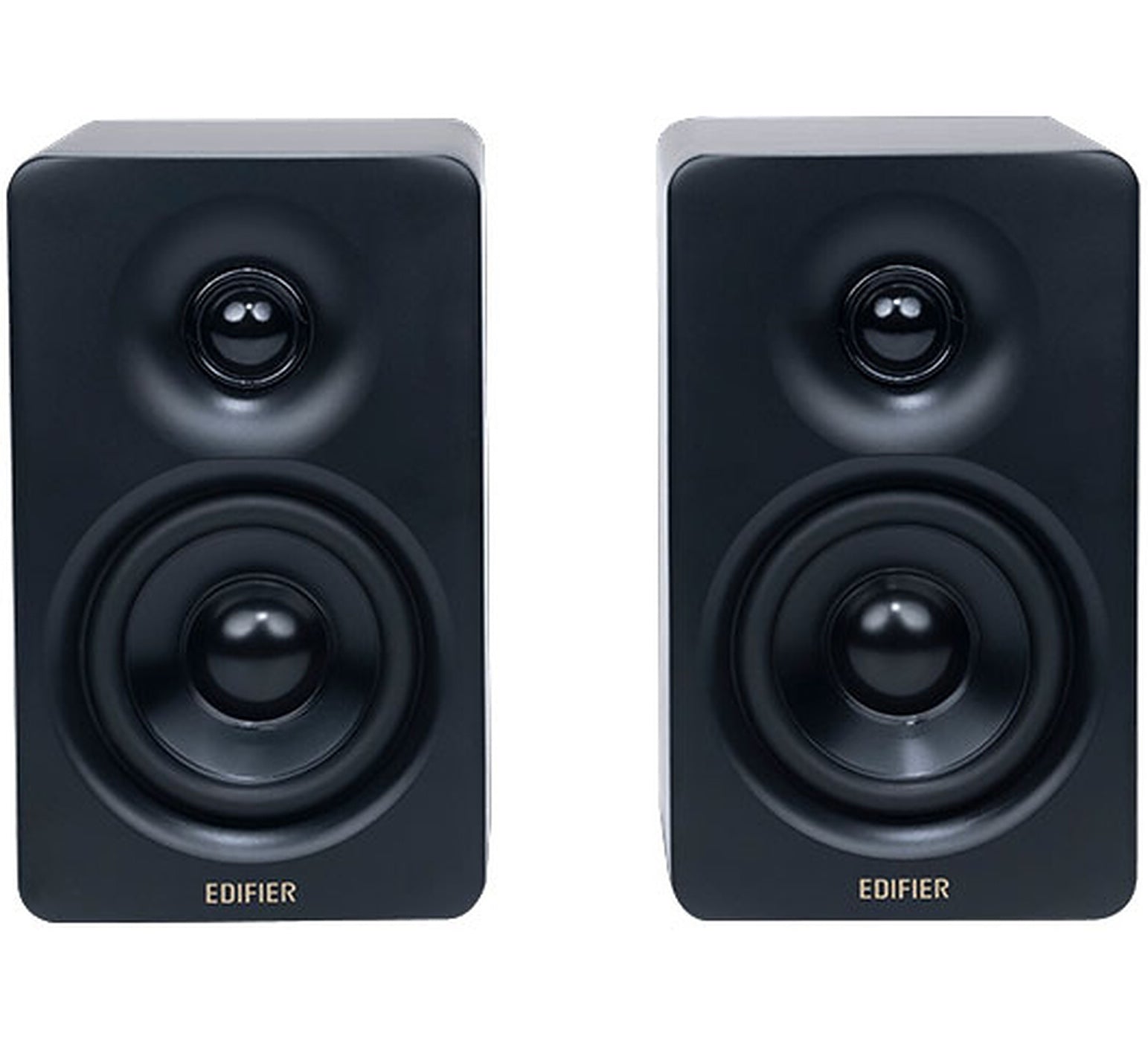 Edifier M60 desktop speakers with sleek black design and control knobs on a wooden desk.