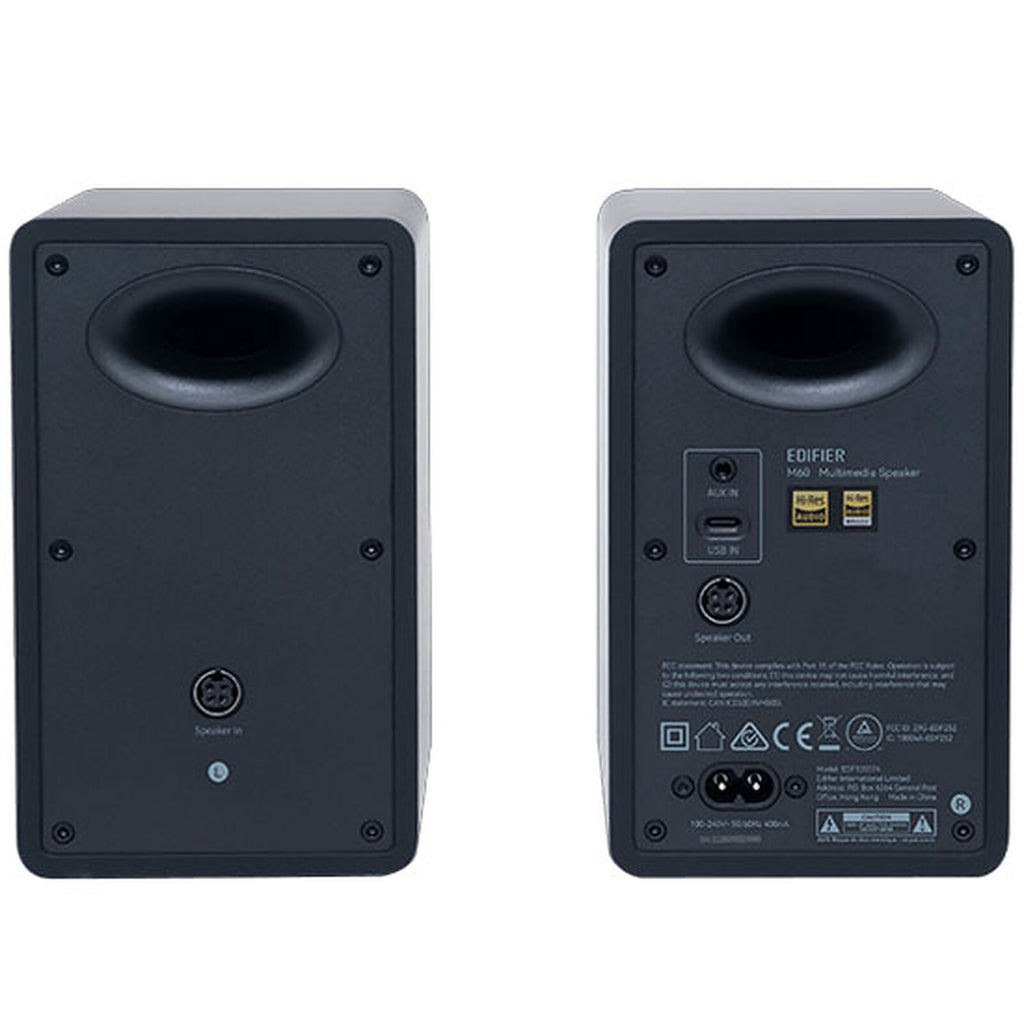Edifier M60 desktop speakers with black finish, featuring two speaker units and control knobs on the front panel.