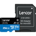 Lexar 633X 256GB microSDHC/SDXC V30 memory card with adapter, showing the card inserted into the adapter for storage and transfer.