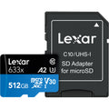 Lexar 633X 512GB microSDHC/SDXC V30 memory card with adapter, showing the card inserted into the adapter for storage expansion.