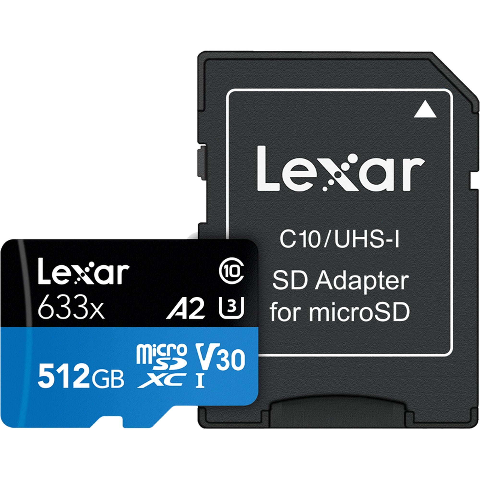 Lexar 633X microSDHC/SDXC V30 512GB memory card with adapter, showing the card and its packaging.