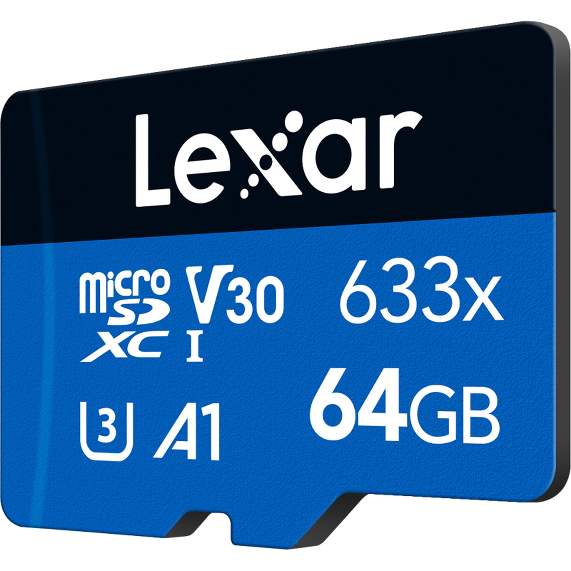 Lexar 633X 64GB microSDHC/SDXC V30 memory card with R95/W45 speed ratings, no adapter, shown front view.