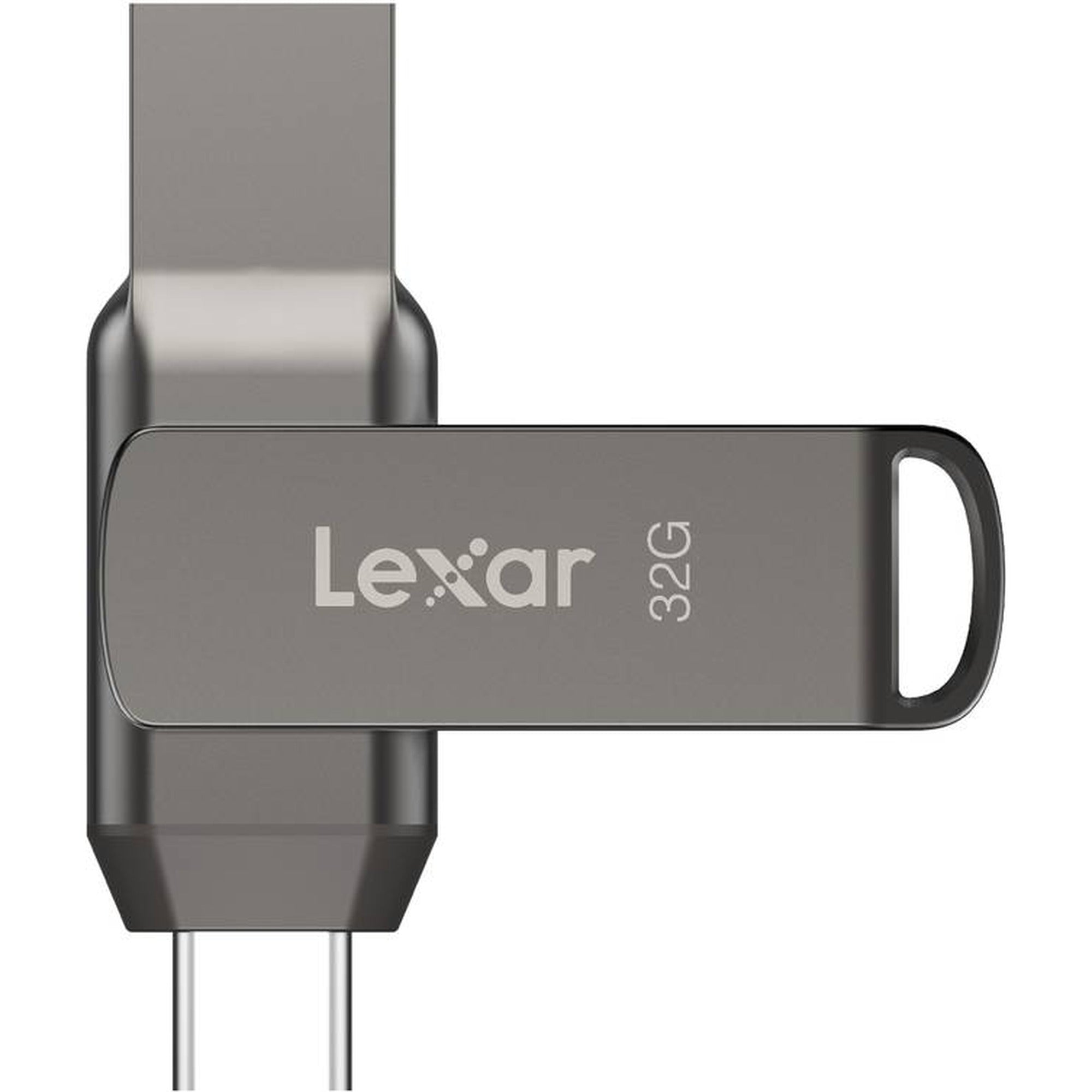 Lexar JumpDrive D400 2-in-1 USB 3.1 flash drive showing dual connectors and sleek design for fast data transfer.