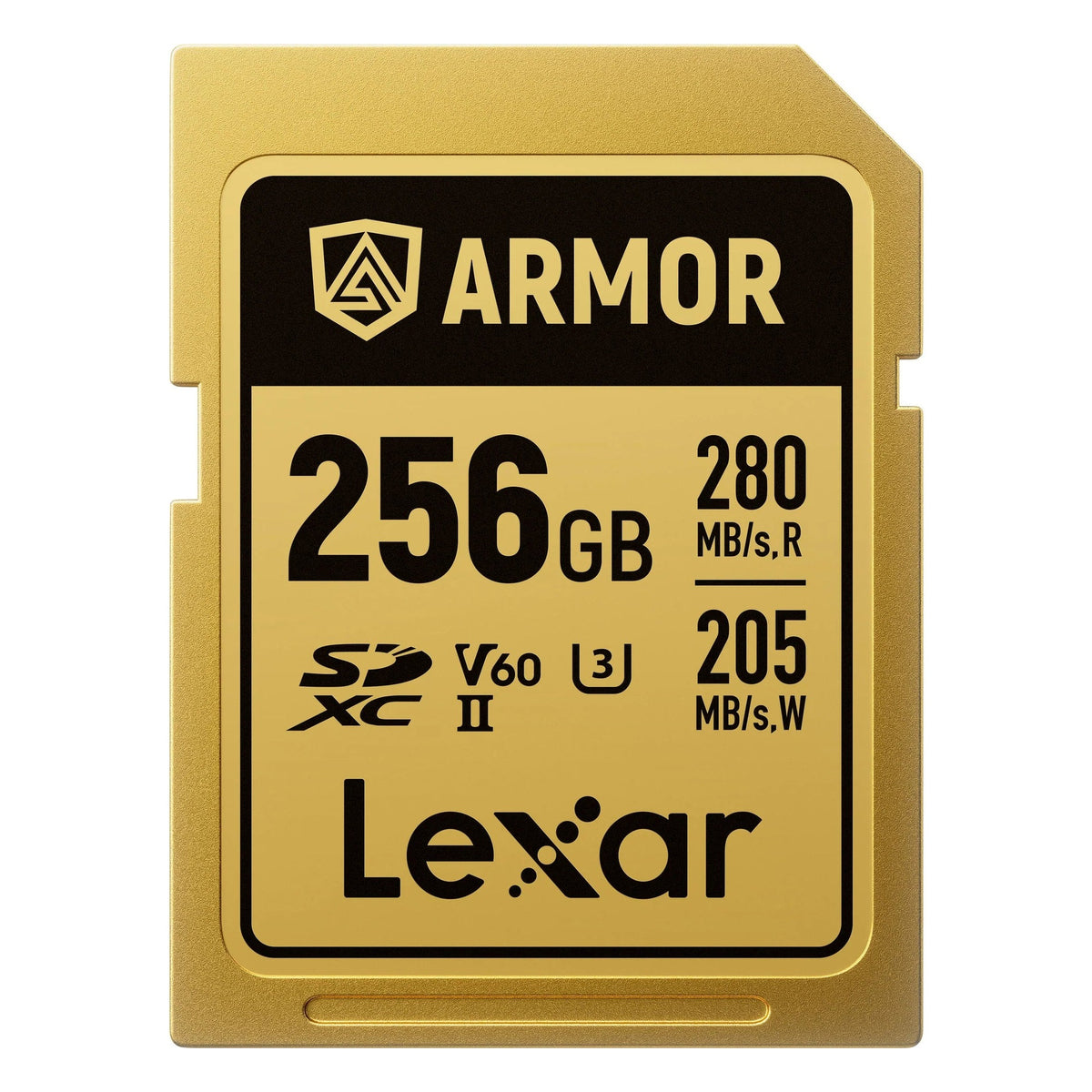 Lexar SDXC ARMOR Gold UHS-II U3, Stainless Steel, IP68 R280/W210 (V60) Memory Card, detail view.