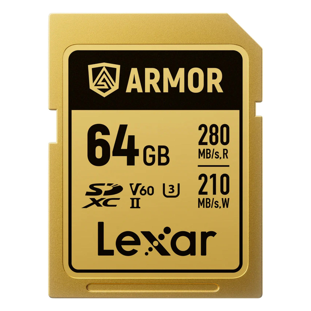 Lexar SDXC ARMOR Gold UHS-II U3, Stainless Steel, IP68 R280/W210 (V60) Memory Card, front view.