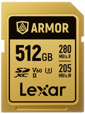 Lexar SDXC ARMOR Gold UHS-II U3, Stainless Steel, IP68 R280/W210 (V60) Memory Card, close-up.
