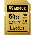 Lexar SDXC Armor Gold UHS-II U3 memory card with stainless steel body, IP68 waterproof, V60 speed class, designed for high performance.