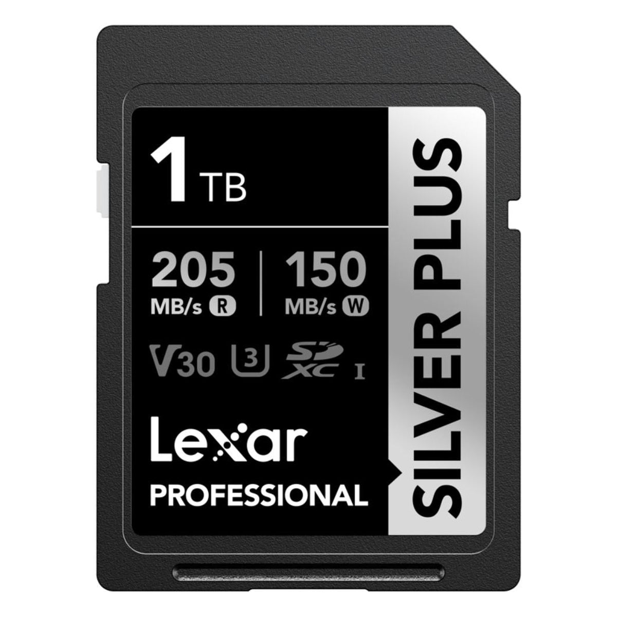 Lexar SDXC Silver Plus 1066X UHS-I U3 memory card with V30 speed class, showing the card's silver casing and branding.