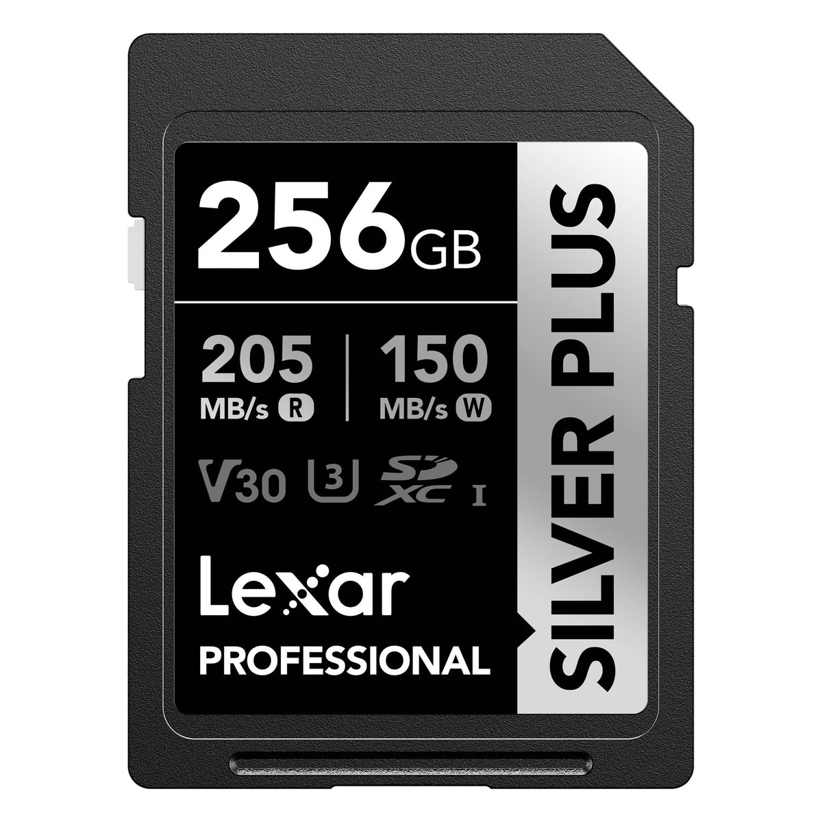 Lexar SDXC Silver Plus 1066X UHS-I U3 memory card with V30 rating, featuring silver design and high-speed storage for cameras and devices.