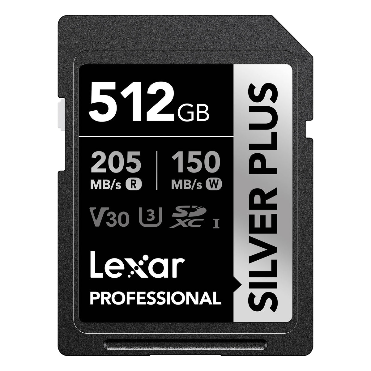 Lexar SDXC Silver Plus 1066X UHS-I U3 memory card showing the front with storage capacity and branding