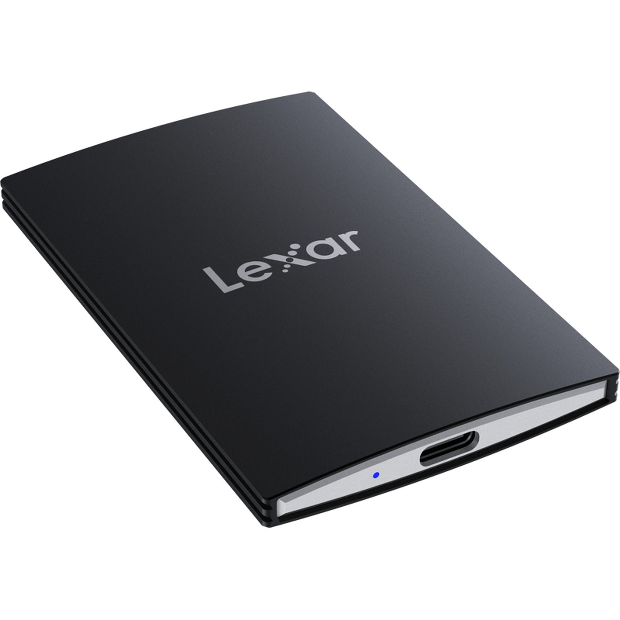Lexar SL500 Portable SSD in sleek black, showcasing its compact design and USB connection for fast data transfer.
