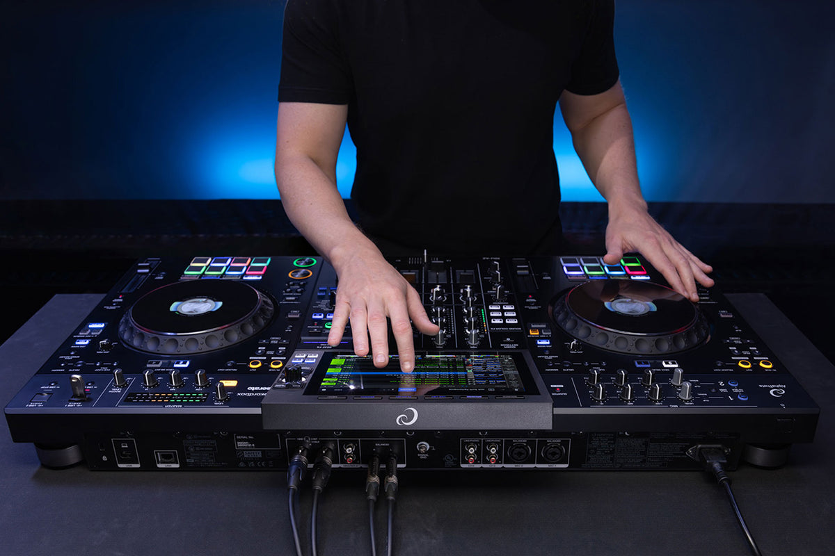 AlphaTheta XDJ-AZ DJ media player with colorful illuminated controls and professional interface, used for live DJ performances.