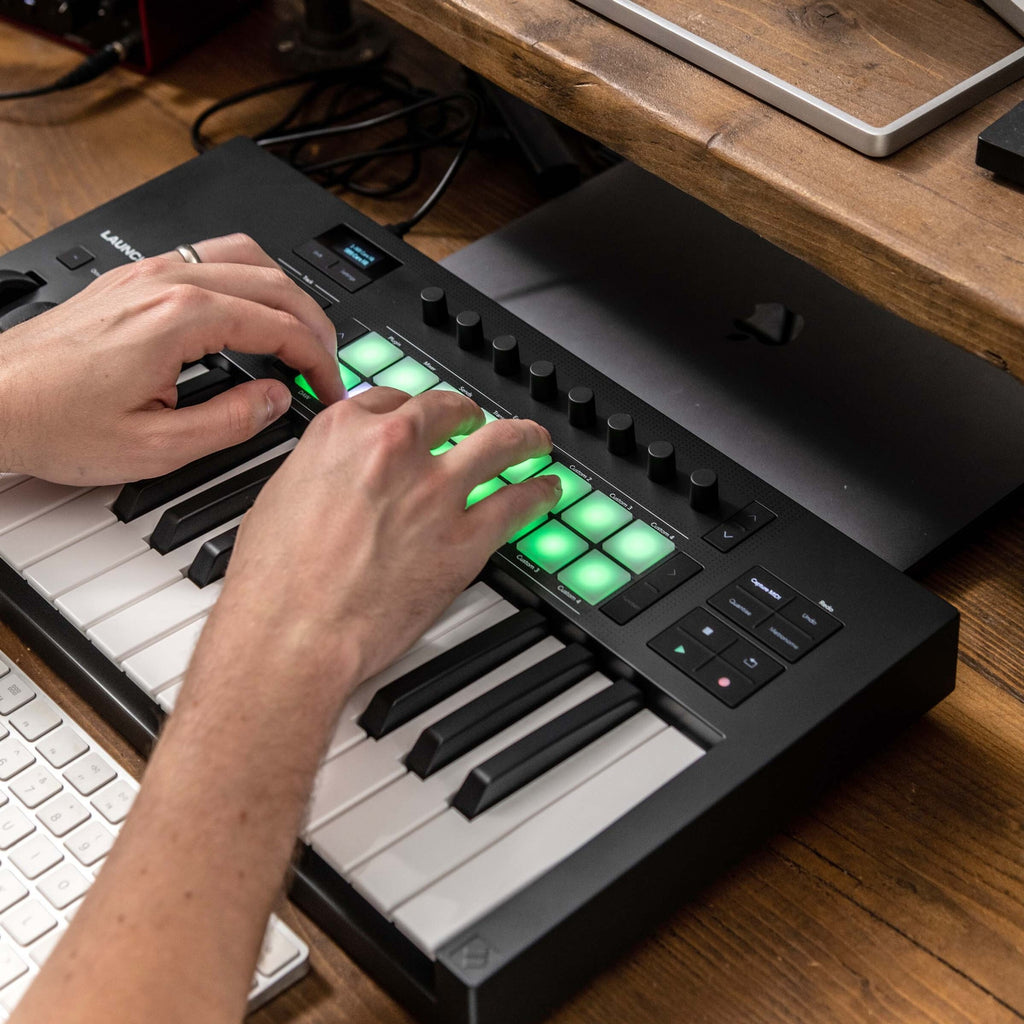 Novation Launchkey 37 MK4 MIDI keyboard with 37 keys, control knobs, and pads for music production and live performance.