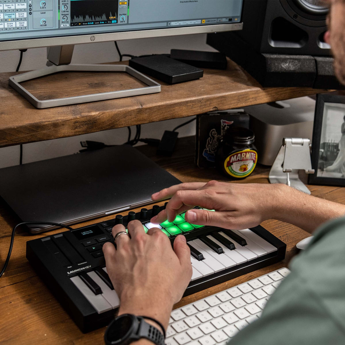 Novation Launchkey Mini 37 MK4 MIDI keyboard with compact design, 37 keys, and control pads for music production.