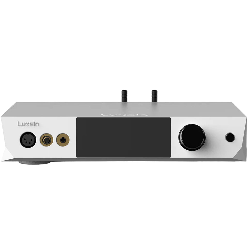Luxsin X9 headphone amplifier and DAC, front view showing sleek design and control knobs for high-quality audio processing.