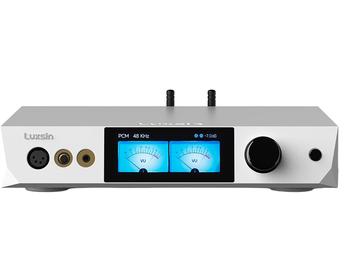 Luxsin X9 headphone amplifier and DAC with sleek black design, control knobs, and input/output ports visible in the image.