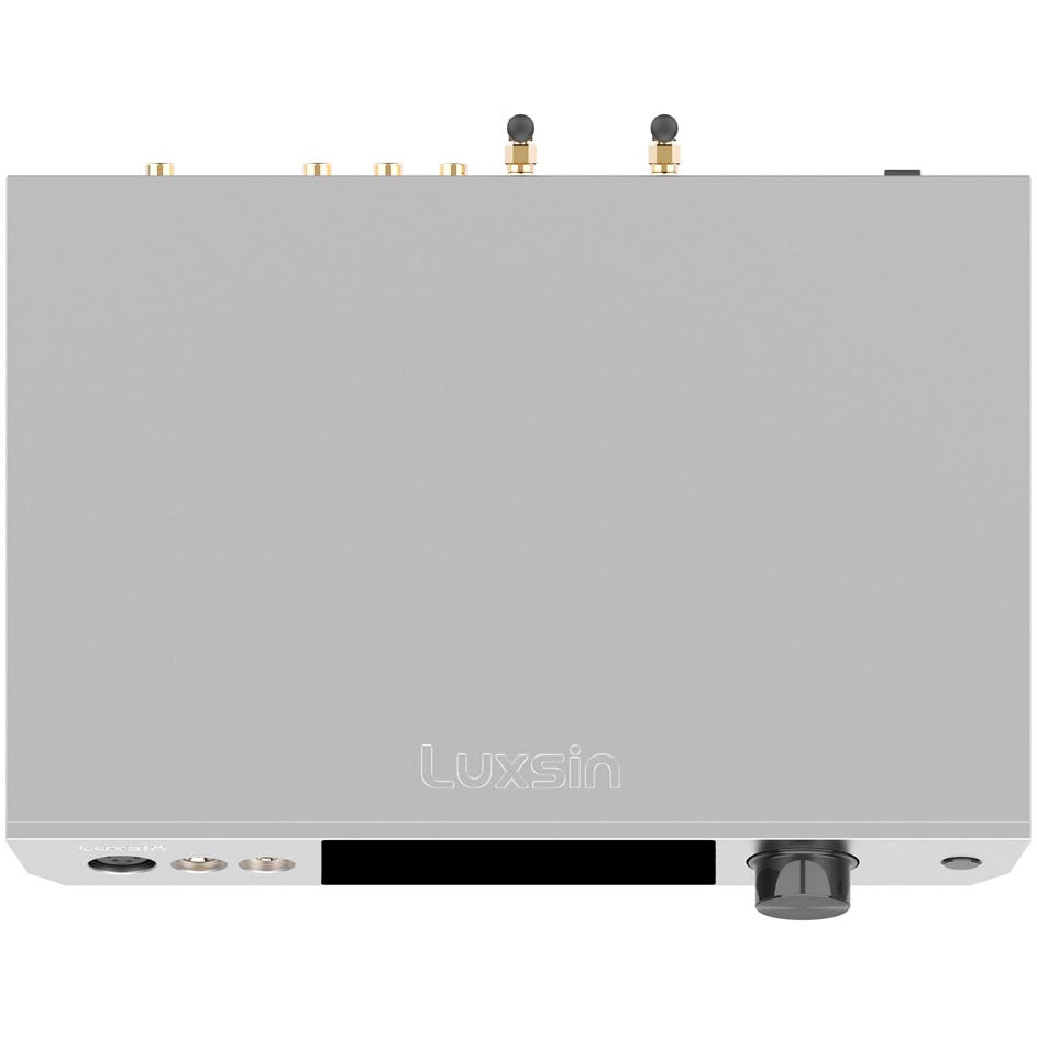 Luxsin X9 headphone amplifier and DAC with sleek design and multiple input ports for high-quality audio output.