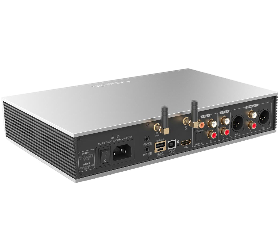 Luxsin X9 headphone amplifier and DAC with sleek black design, multiple connection ports, and modern controls for premium audio quality.