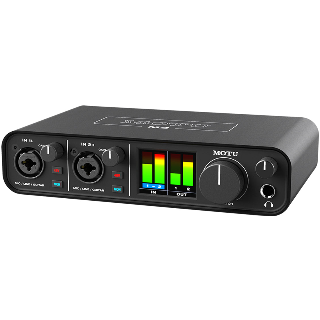 Motu M2 audio interface with sleek design and intuitive controls, showcasing its inputs and outputs in a studio setting.