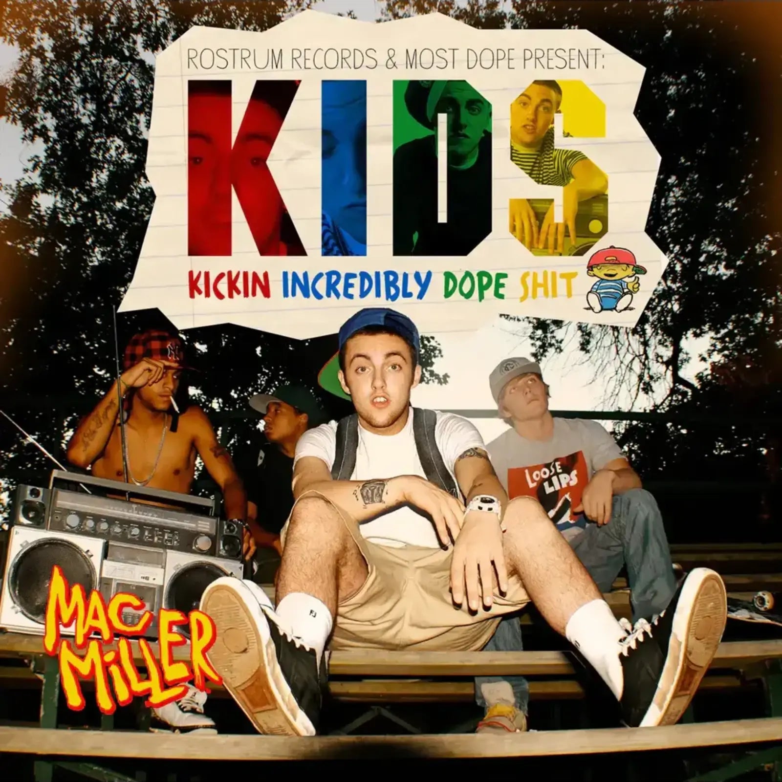 Translucent yellow vinyl 2LP of Mac Miller's K.I.D.S. album, featuring hip-hop and rap artwork, on Rostrum Records.
