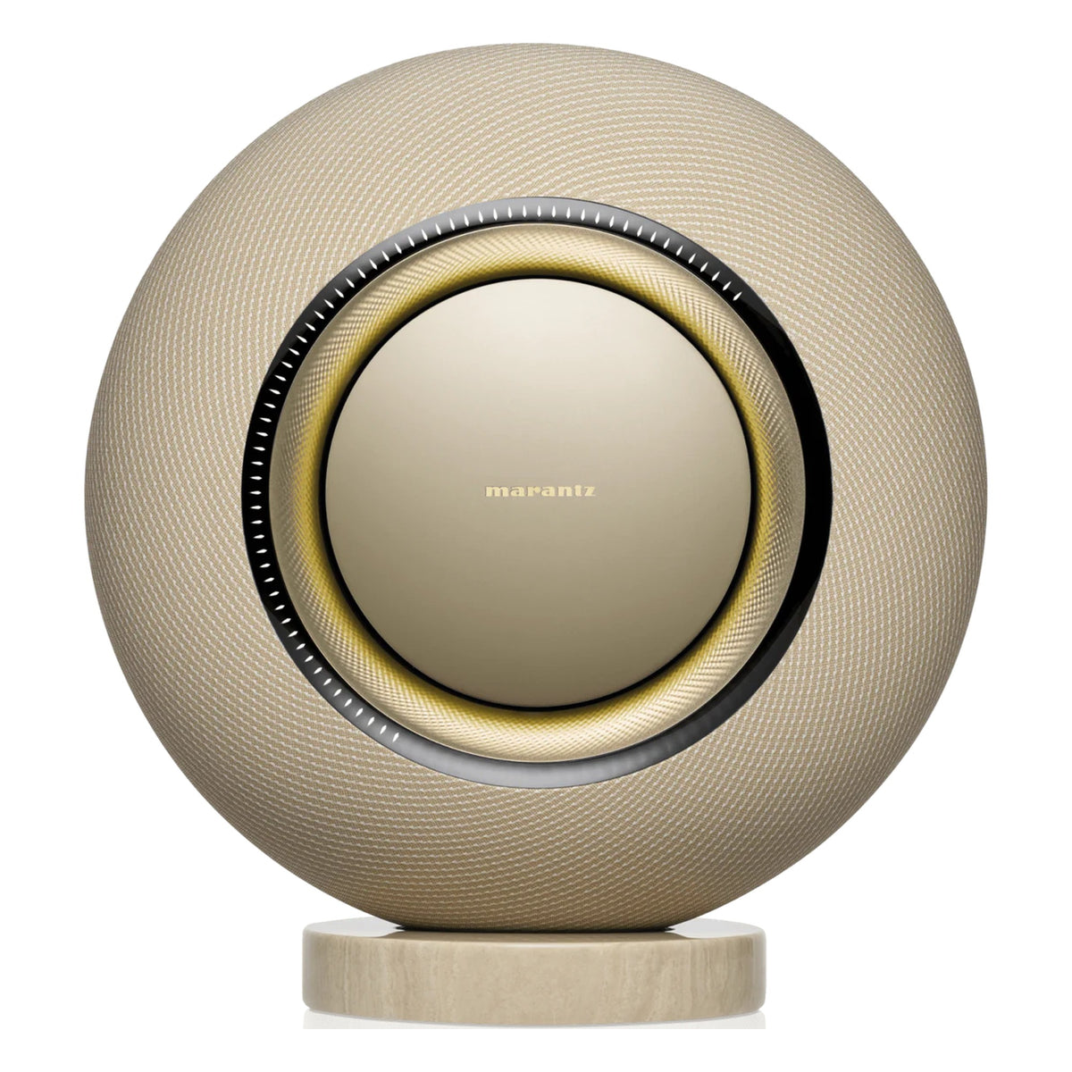 Marantz Horizon Grand wireless speakers in champagne finish with sleek modern design and premium audio components.