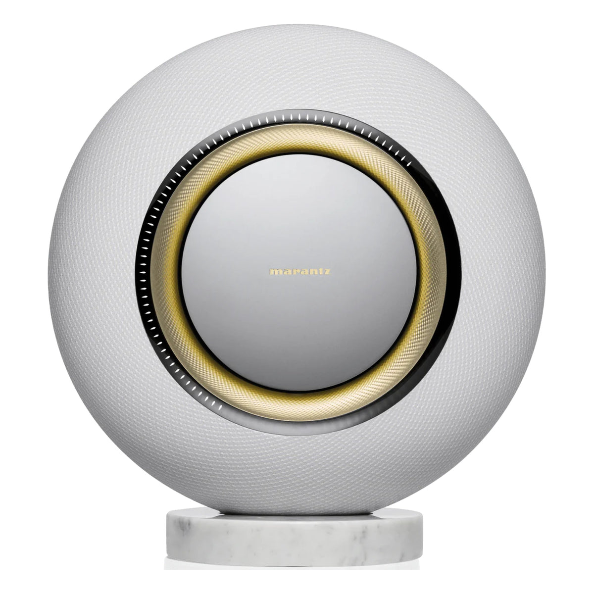 Marantz Horizon Grand wireless speakers with sleek design and modern controls, positioned on a wooden surface.