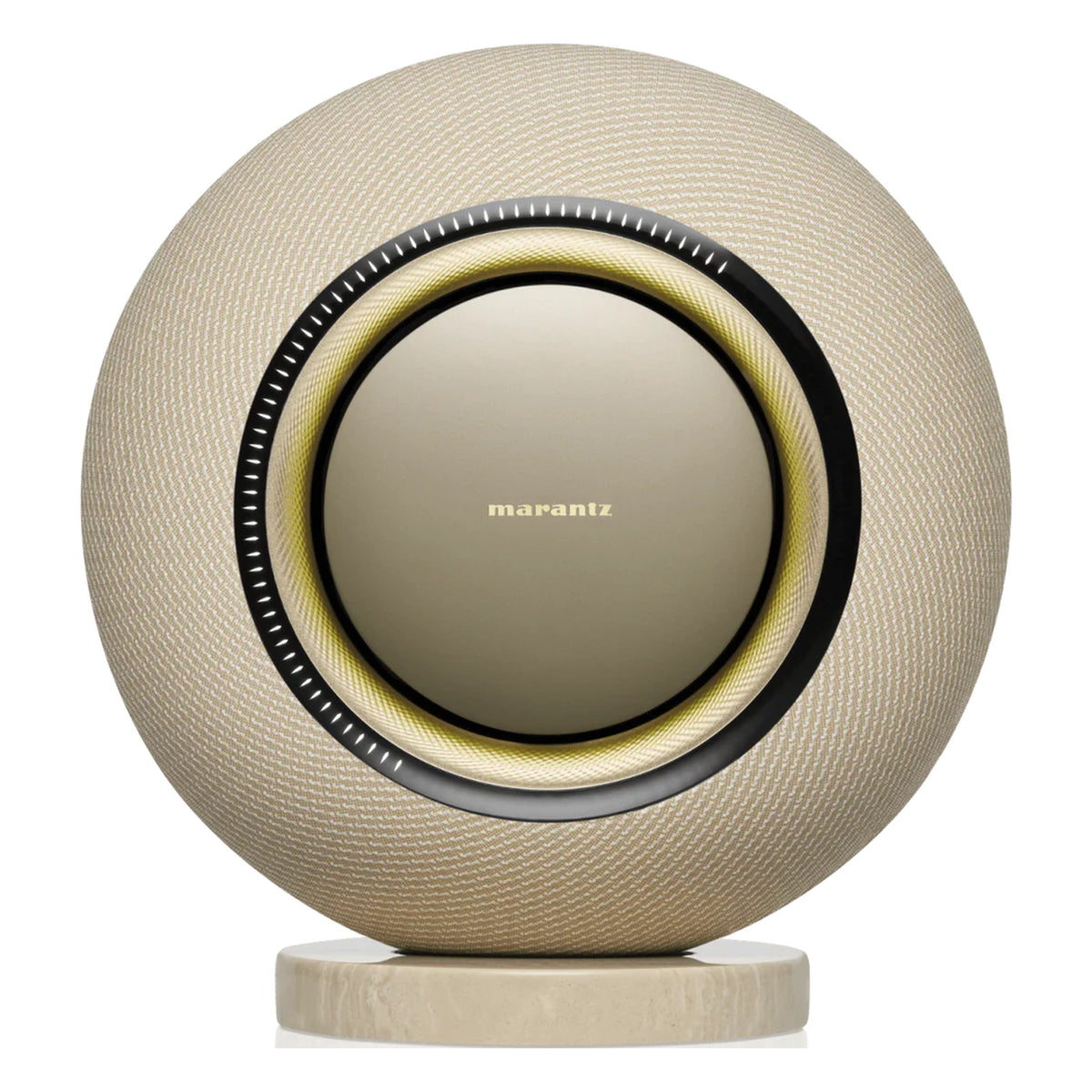 Marantz Horizon wireless speakers in champagne finish, sleek modern design with fabric grille and minimalist controls.