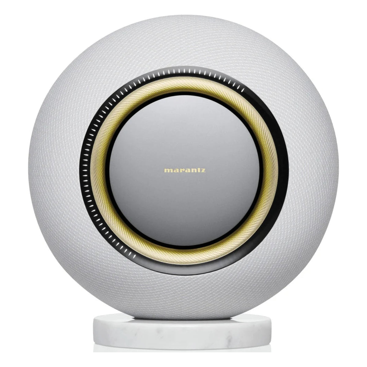 Marantz Horizon wireless speakers with sleek black design and modern controls, set against a neutral background.