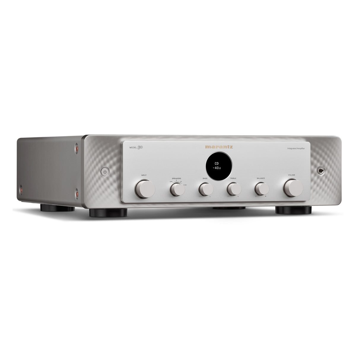 Marantz MODEL 50 stereo amplifier in silver, viewed from a studio angle facing right, showcasing its sleek design and controls.