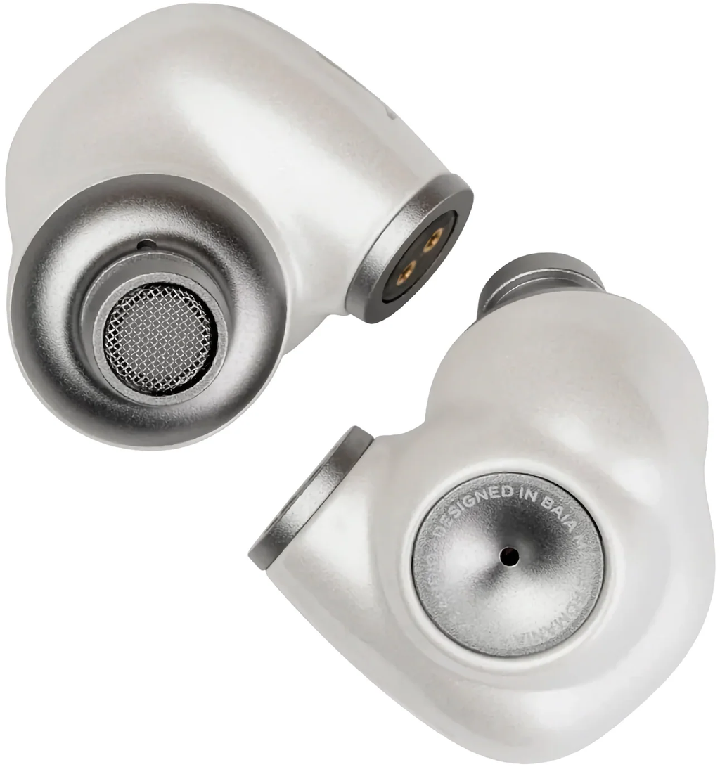 Meze Audio Alba in-ear headphones with black and silver design, close-up view of the compact, ergonomic earbuds.