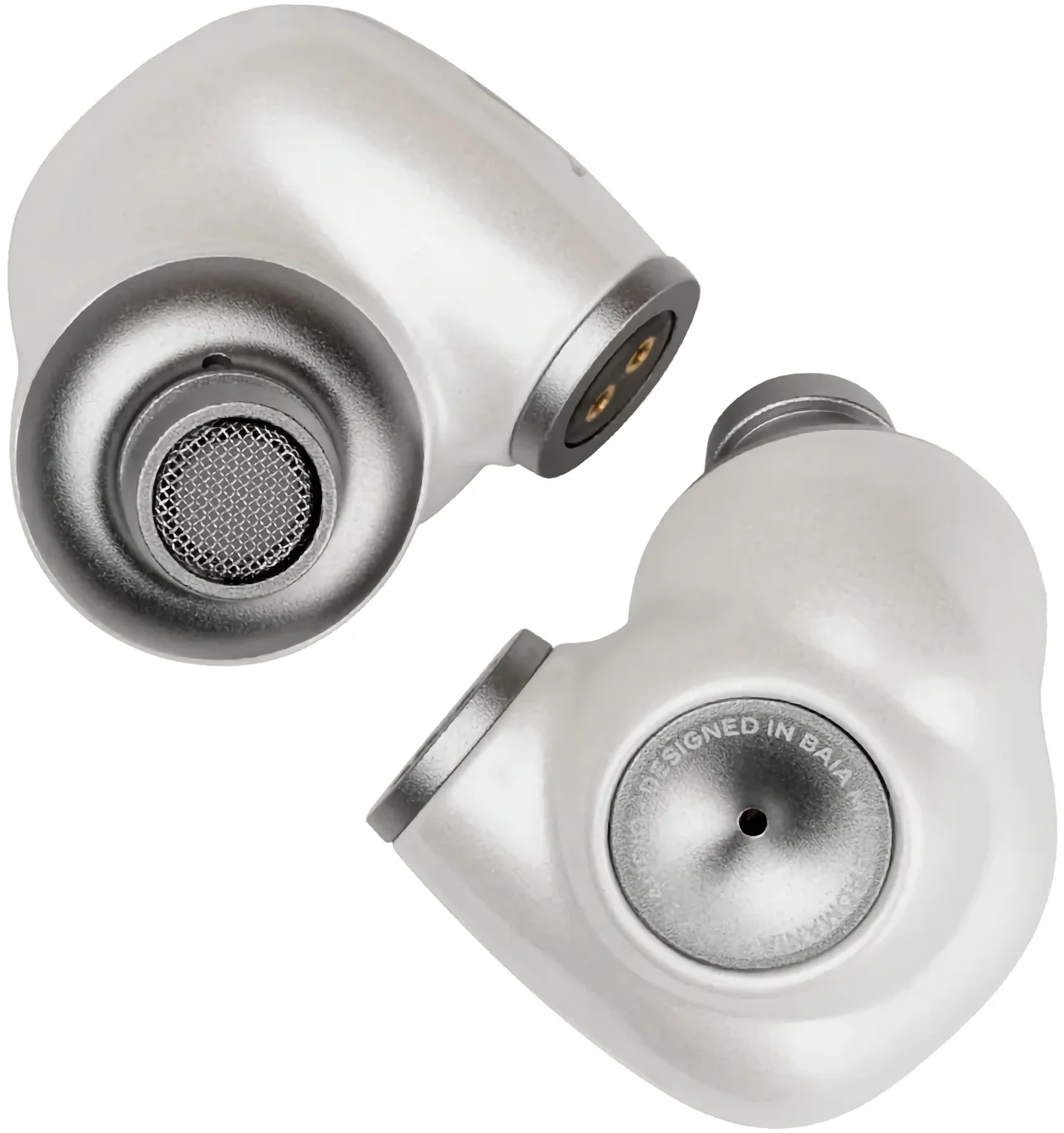 Meze Audio Alba in-ear headphones with black and silver design, close-up view of the compact, ergonomic earbuds.