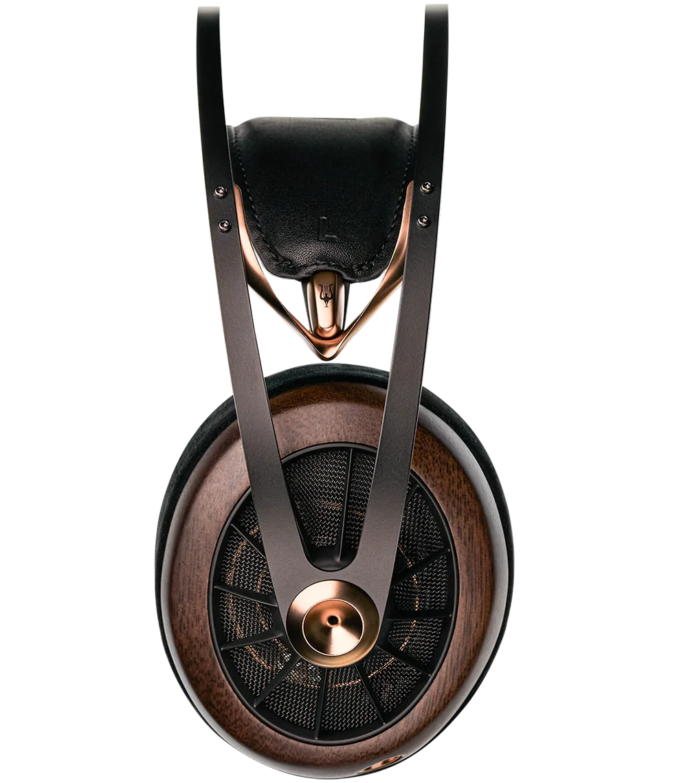 Close-up of Meze Audio 109 Pro wired headphones showing sleek black ear cups and detailed design on the ear cushions.