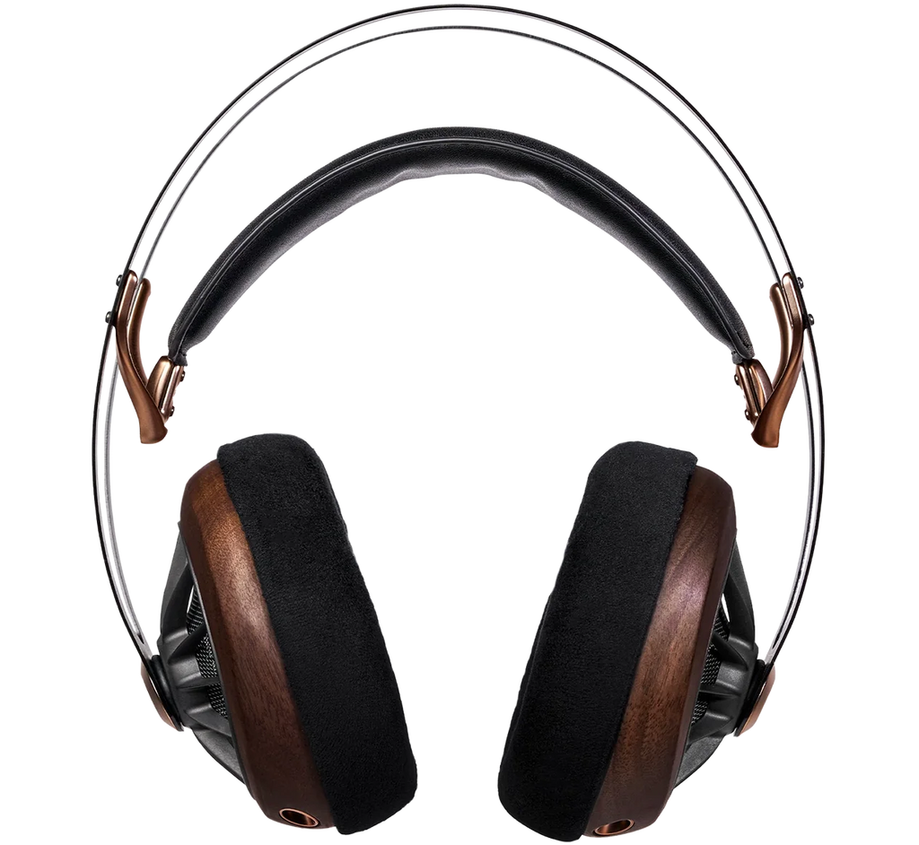 Close-up of Meze Audio 109 Pro wired headphones showing their sleek black design and comfortable ear cushions.