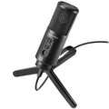 Audio Technica ATR2500x-USB USB microphone on a stand, featuring a black body and built-in control buttons for clear audio recording.